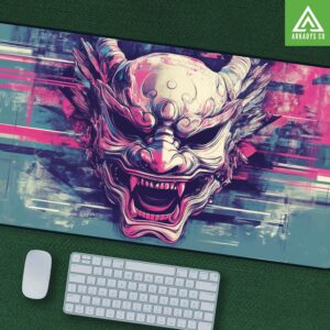 Japanese Oni Mask Mouse Pad - Traditional Demon Mask Desk Mat - Bold Japanese Art for Office & Gaming