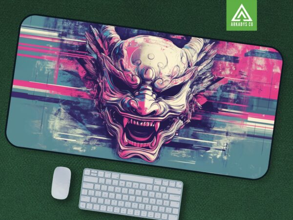 Japanese Oni Mask Mouse Pad - Traditional Demon Mask Desk Mat - Bold Japanese Art for Office & Gaming