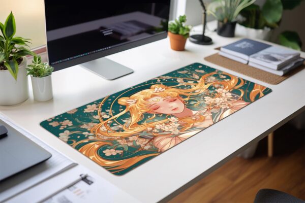 Sailor Moon Floral Mouse Pad - Anime Desk Mat with Sakura Blossoms for Work & Play