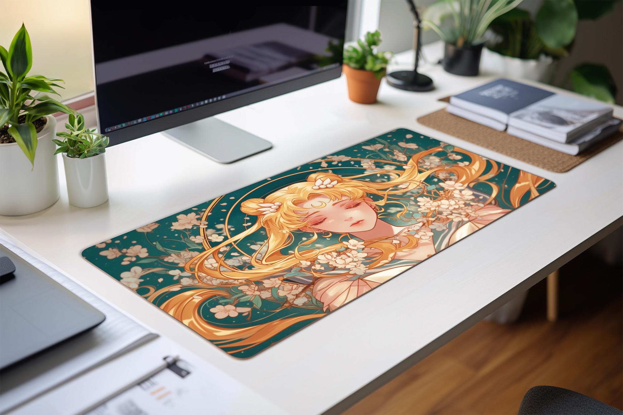 Sailor Moon Floral Mouse Pad - Anime Desk Mat with Sakura Blossoms for Work & Play - Image 2