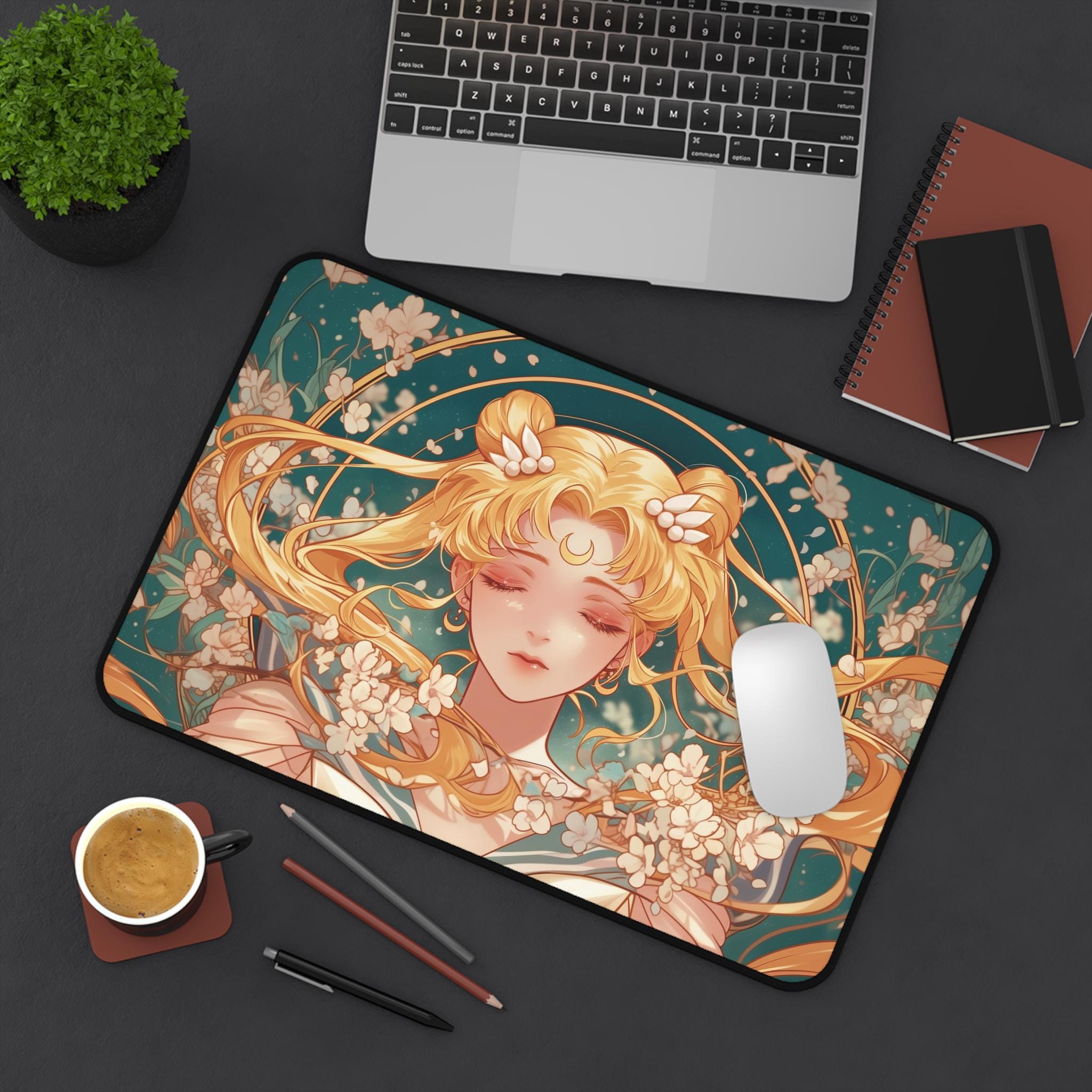 Sailor Moon Floral Mouse Pad - Anime Desk Mat with Sakura Blossoms for Work & Play - Image 4